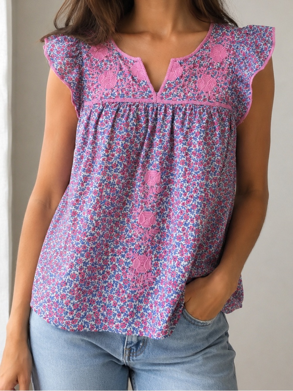 J. Marie Top Embroidered Pink Blue Floral Flutter Sleeve Coquette Medium
